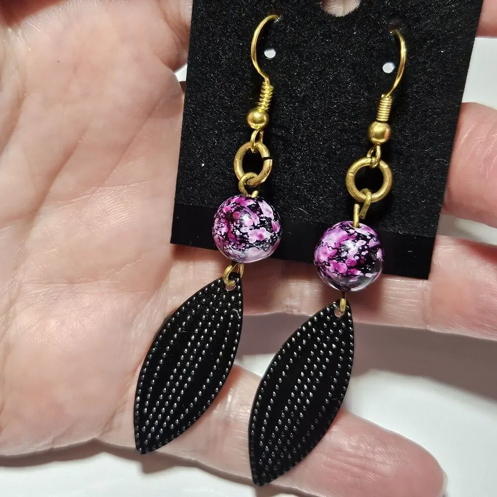 Gold Tone Purple Bead Black Metal Dangling Earrings